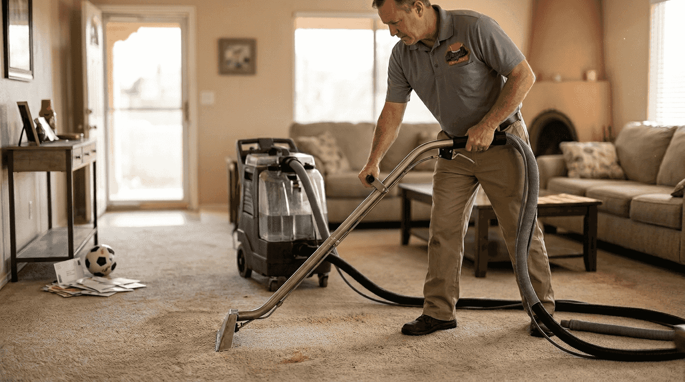 Technician using commercial carpet extractor
