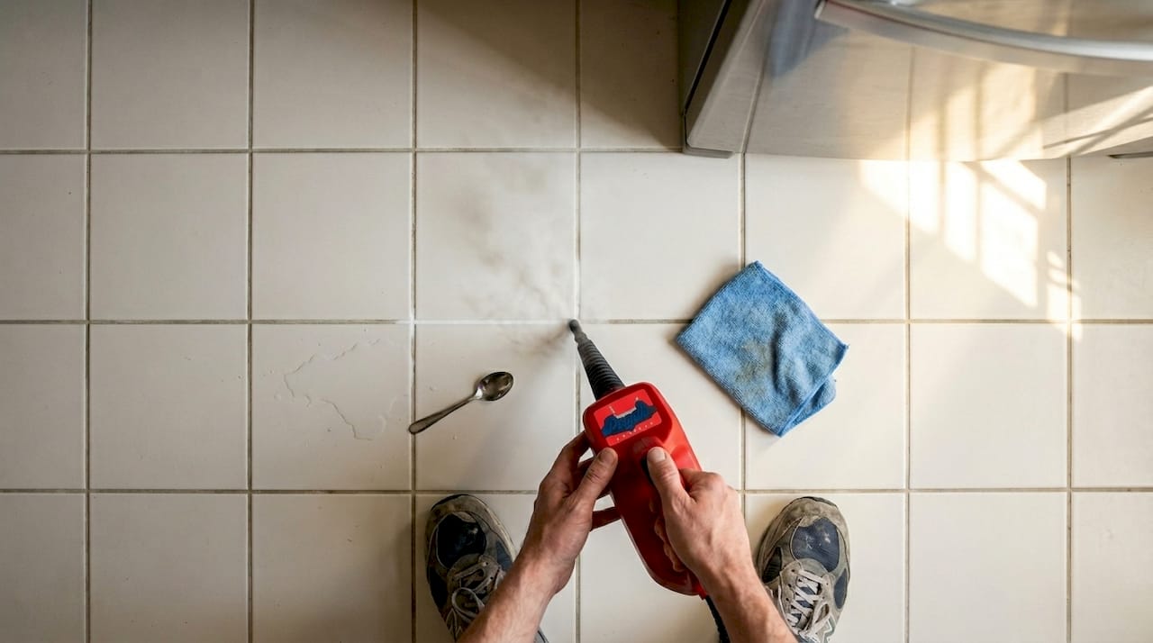 Person steam cleaning grout on kitchen floor