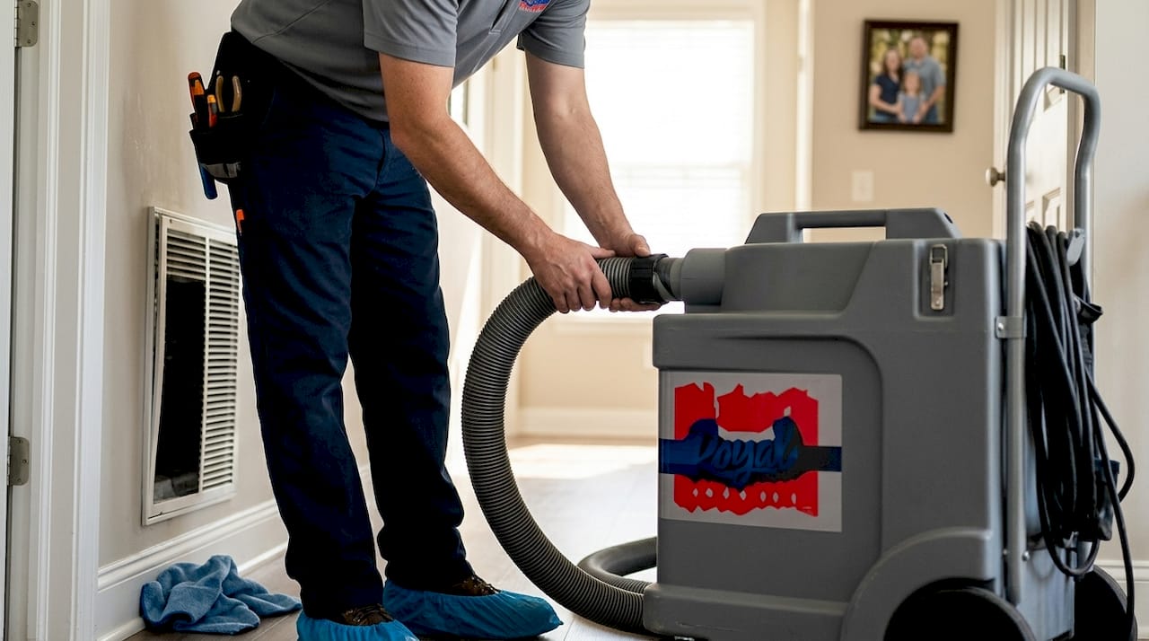 Technician cleaning vents with proper equipment