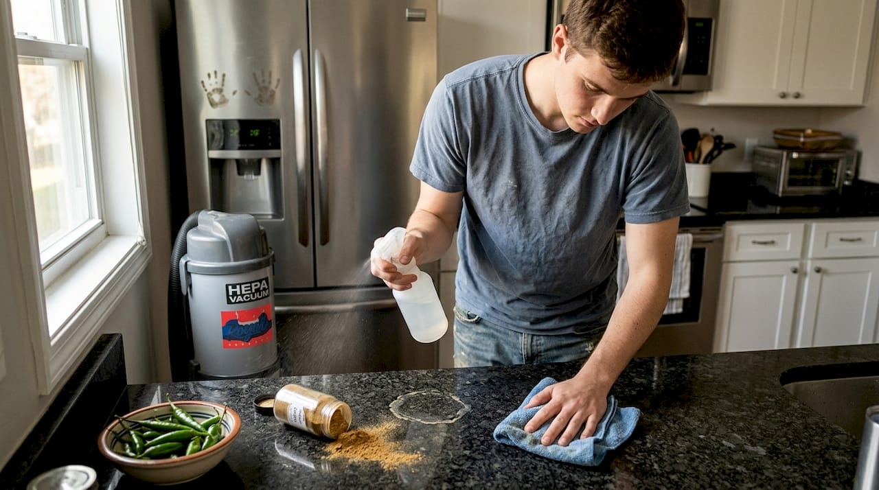 Homeowner using natural cleaner on kitchen counter