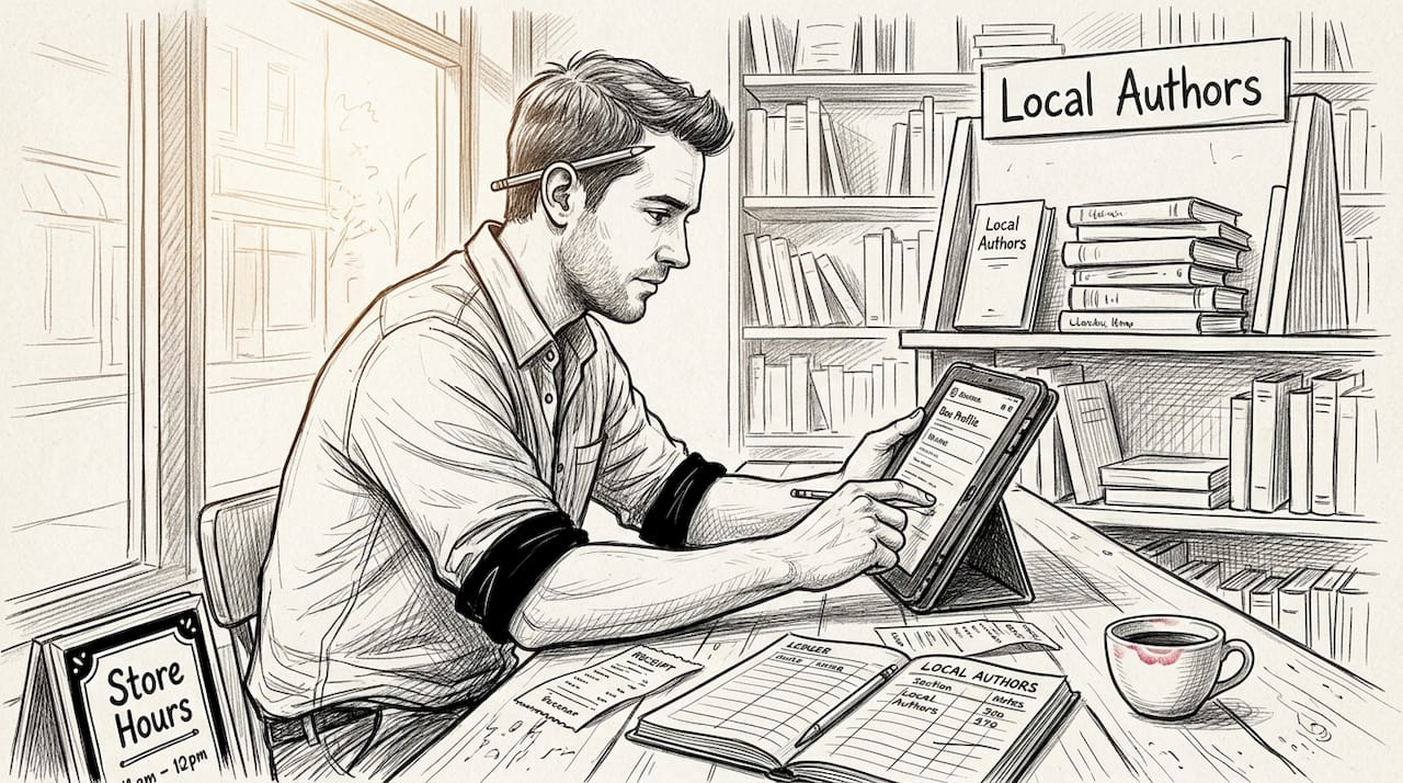 Bookstore Owner Updating Business Profile At Counter