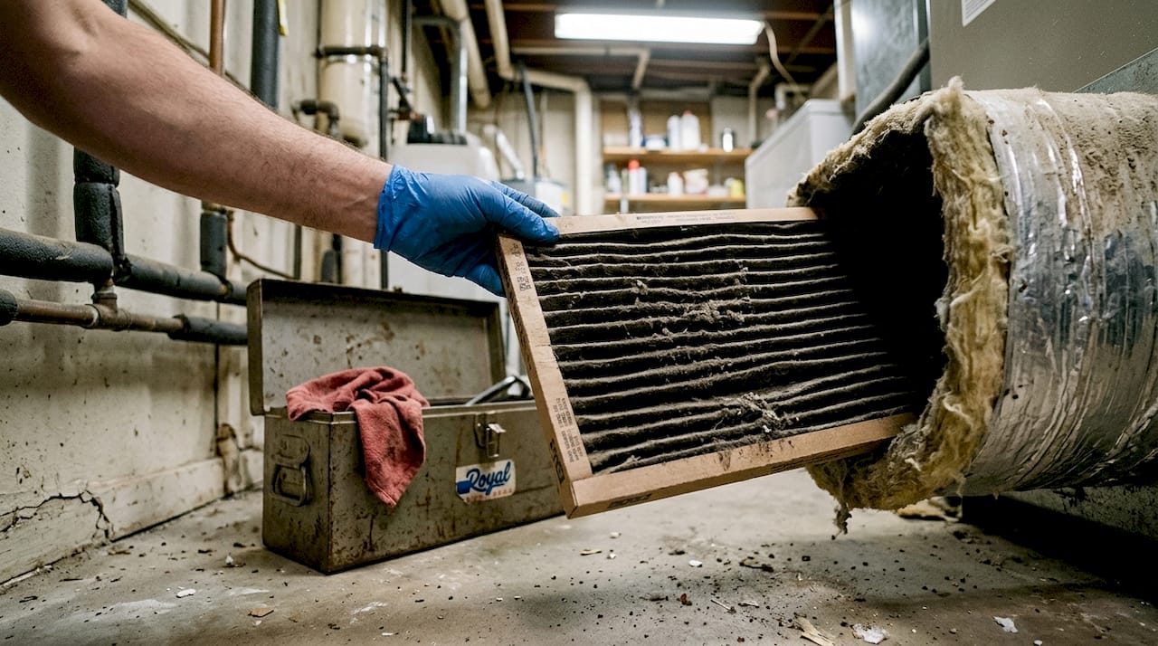 Gloved hand holding used air filter by dusty duct