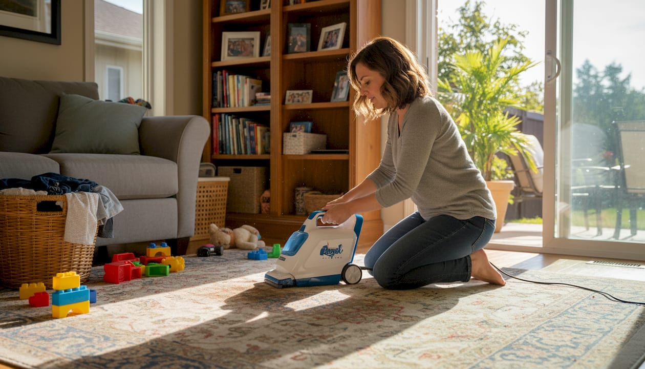 Homeowner deep cleaning carpet in family room