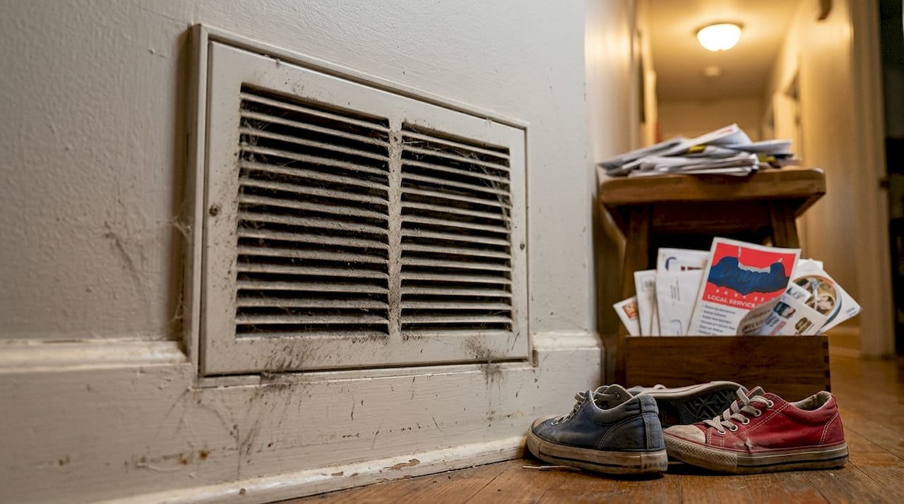 Close-up of dusty blocked vent in hallway