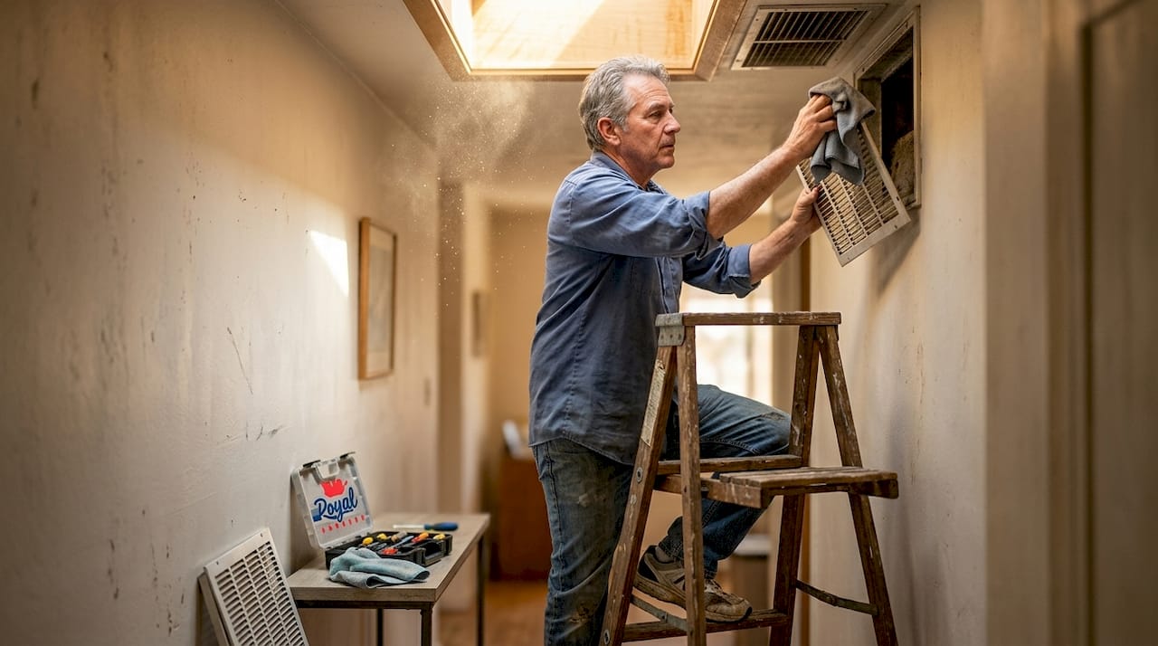 Man cleaning dusty vent in Albuquerque hallway