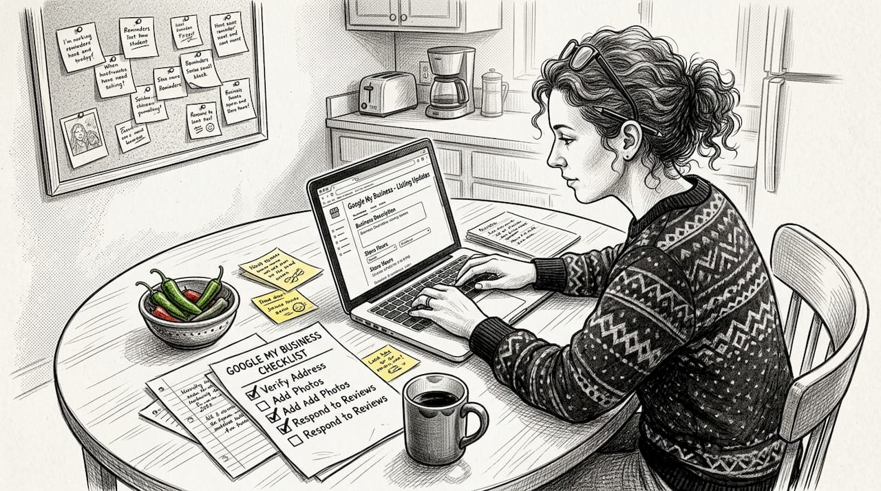 Google My Business guide: boost Albuquerque local visibility 2 Business Owner Updating Google Profile At Kitchen Table