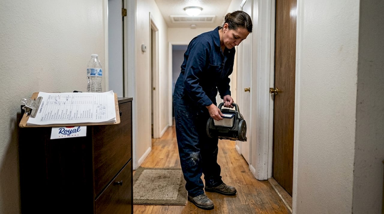 Cleaner checking vacuum HEPA filter indoors