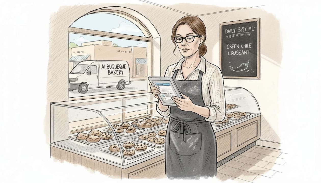 Bakery Manager Checking Customer Reviews At Counter