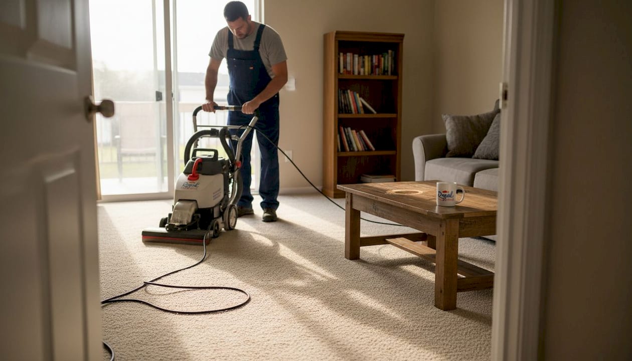 Professional cleaning carpet in family living room