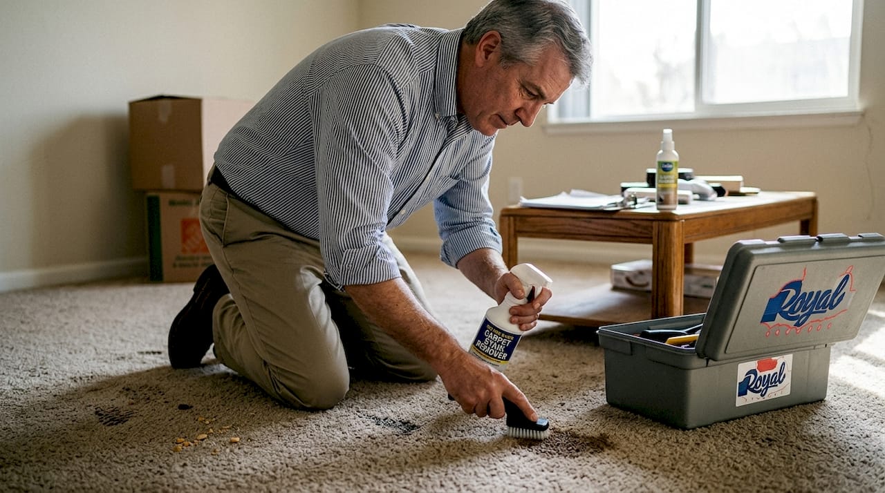 Landlord removing carpet stains after tenants