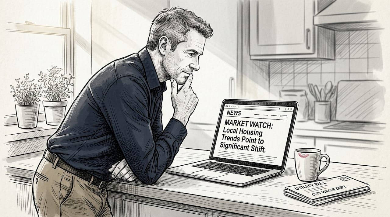 Man Reading Website Headline In Kitchen