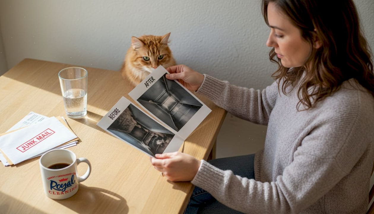 Person examining before after duct photos
