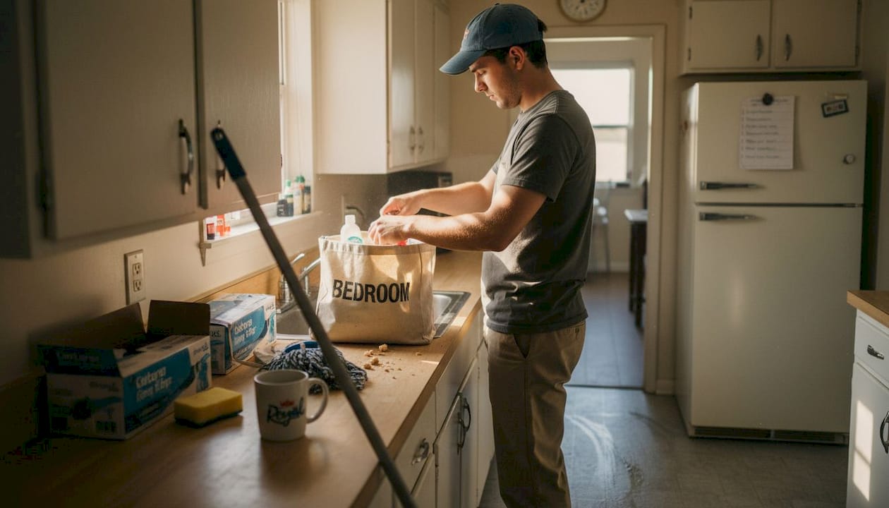 Man sorting cleaning supplies in kitchen