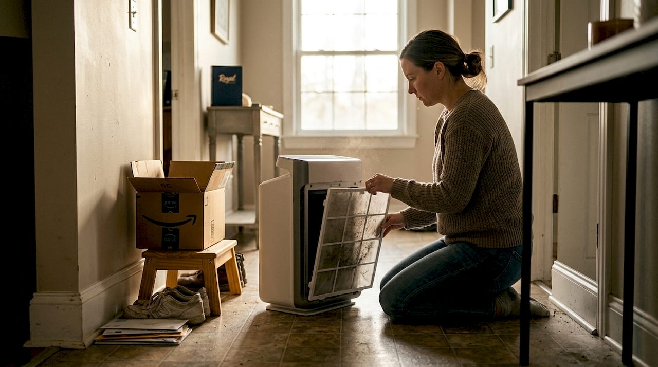 Person changing air purifier filter at home