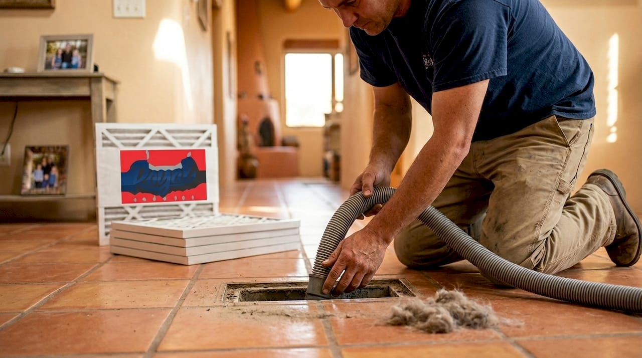 Technician cleaning HVAC air duct in Albuquerque home