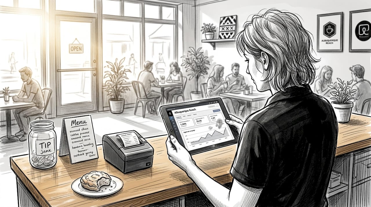 Manager Viewing Online Ads In Albuquerque Cafe