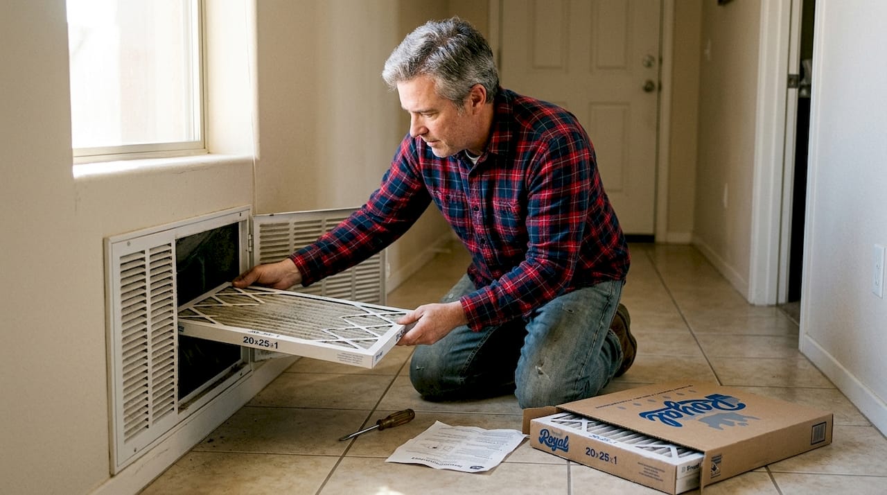 Homeowner replacing dusty HVAC air filter