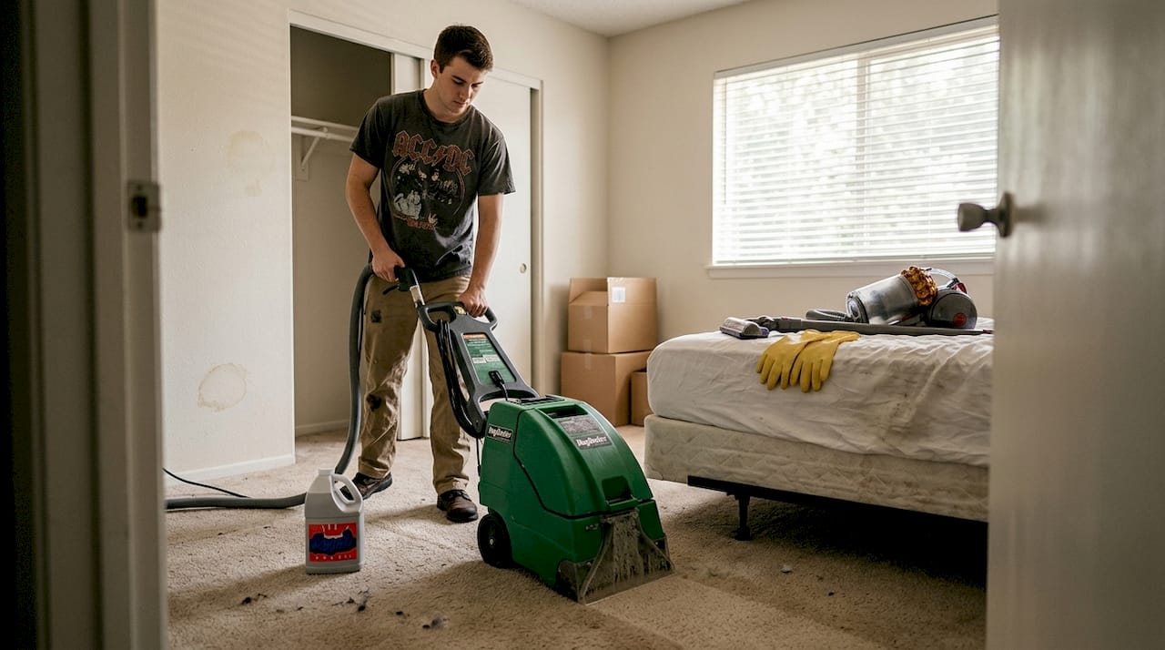 Man using carpet cleaner during move-out