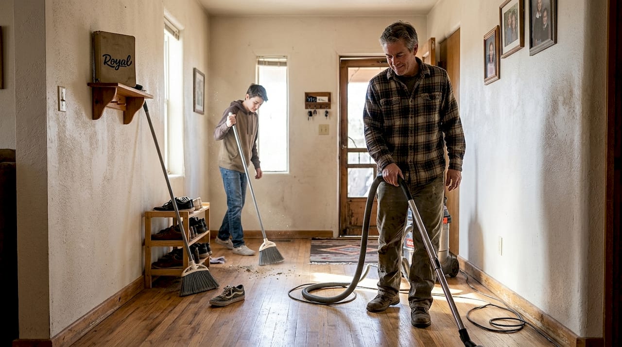Family cleaning hallway using top-down method