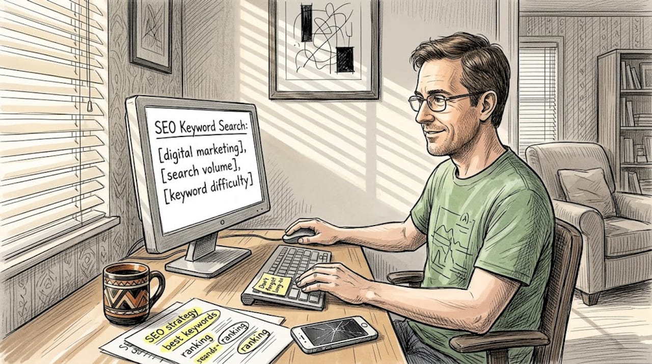 Man Performing Keyword Research At Compact Desk
