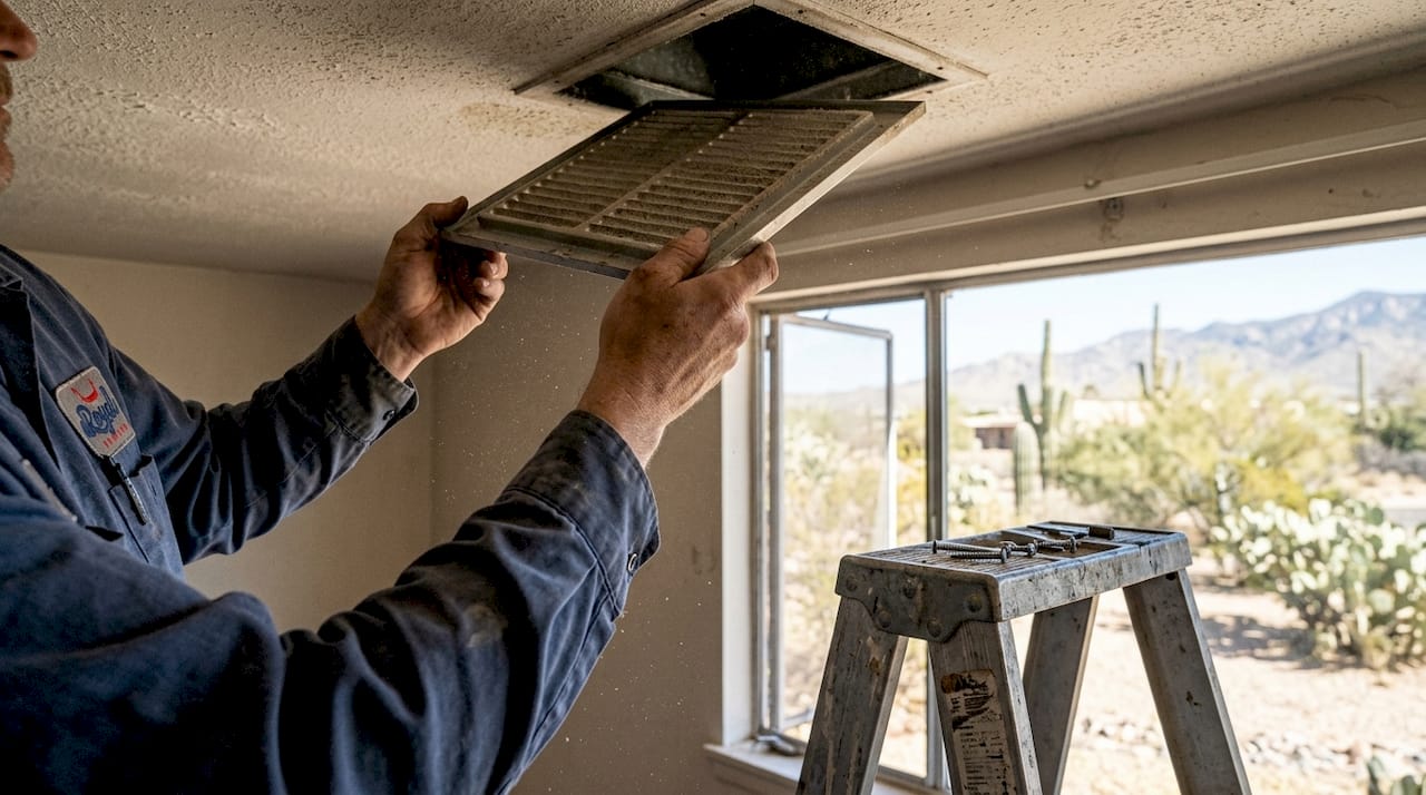 Technician removing dusty ceiling duct cover