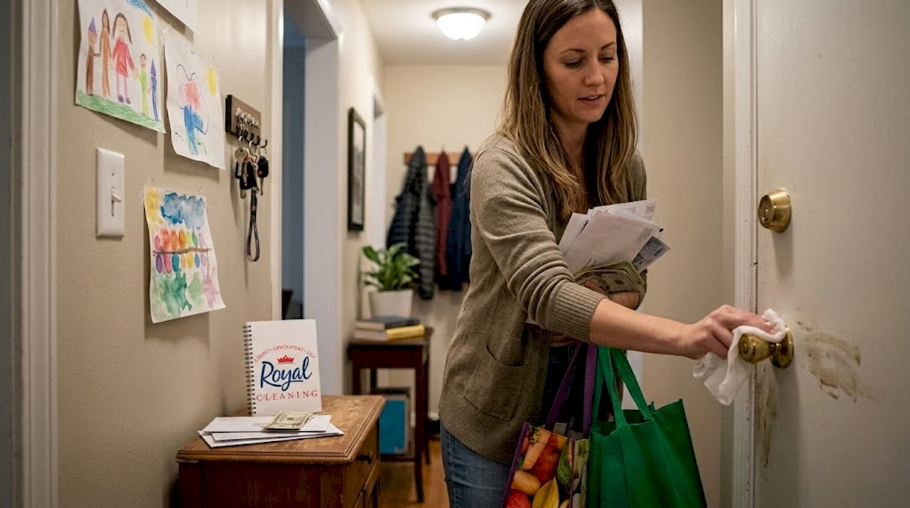 Woman sanitizing home door handle quickly
