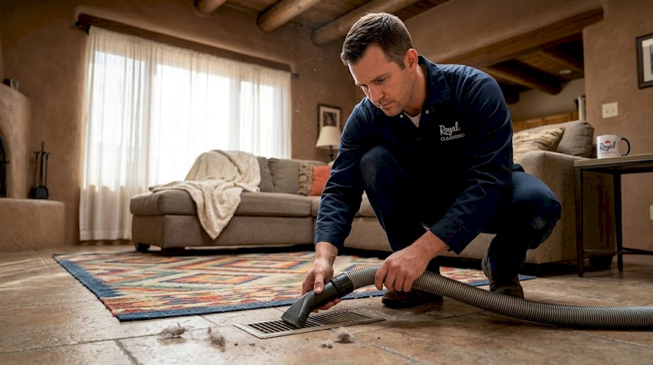 Technician cleaning air duct in living room