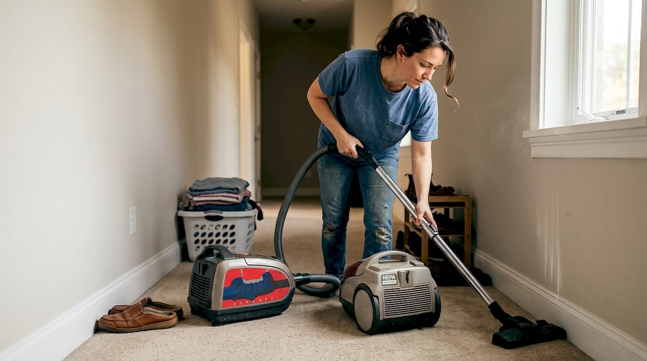 Woman vacuuming hallway with HEPA filter