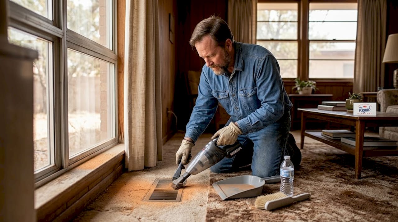 Man cleans living room vent and window track