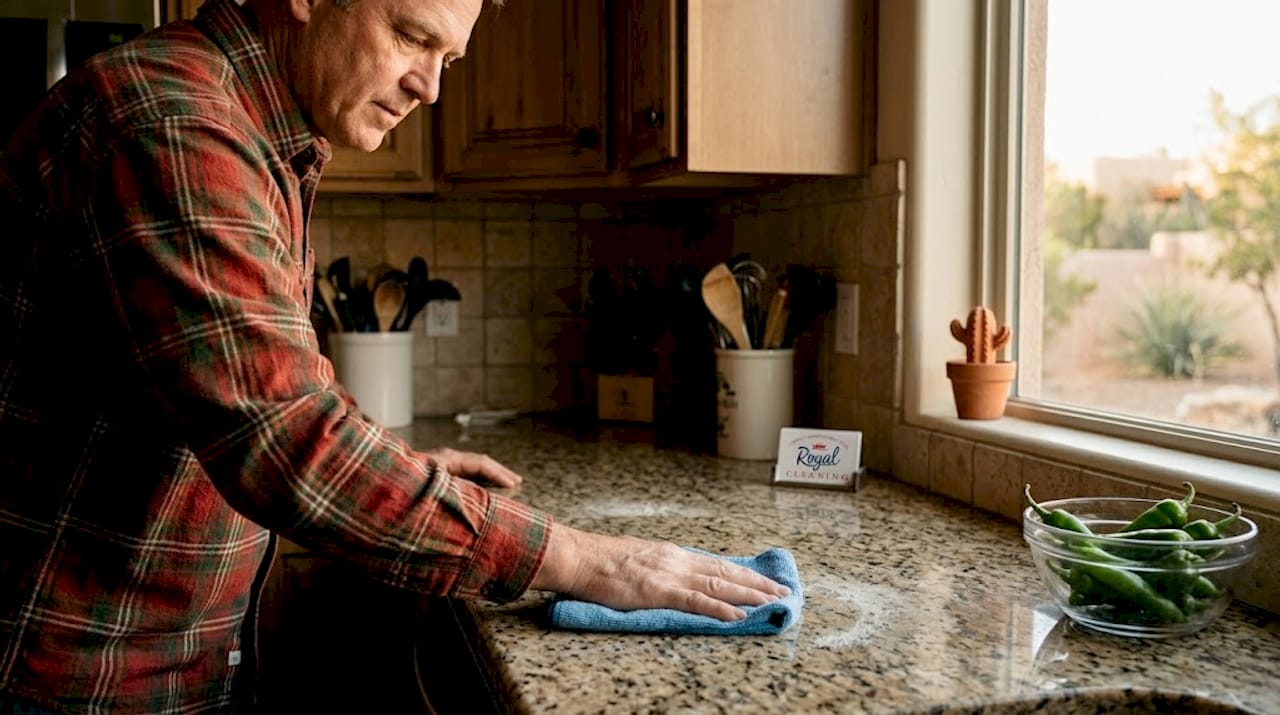 Person cleaning dust from kitchen counter
