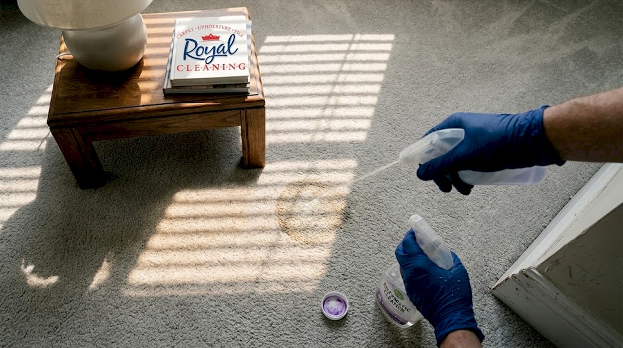 Spraying enzymatic cleaner on carpet