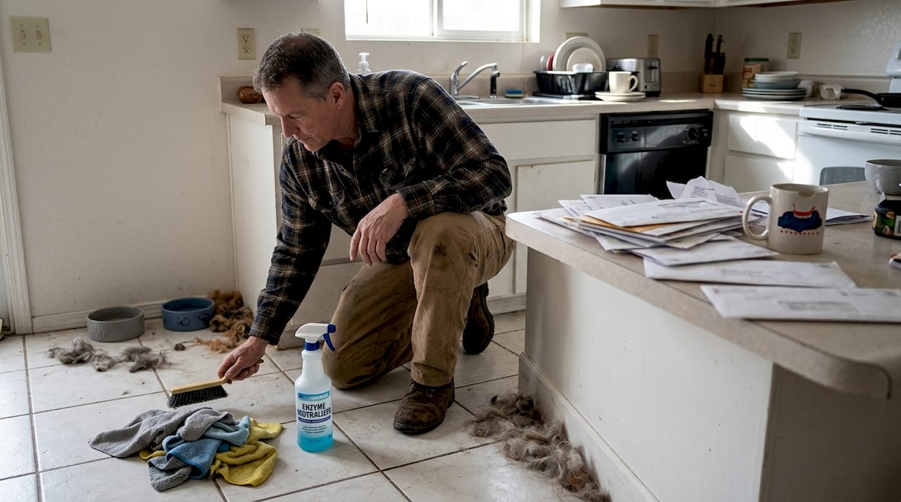Man cleaning pet hair in kitchen