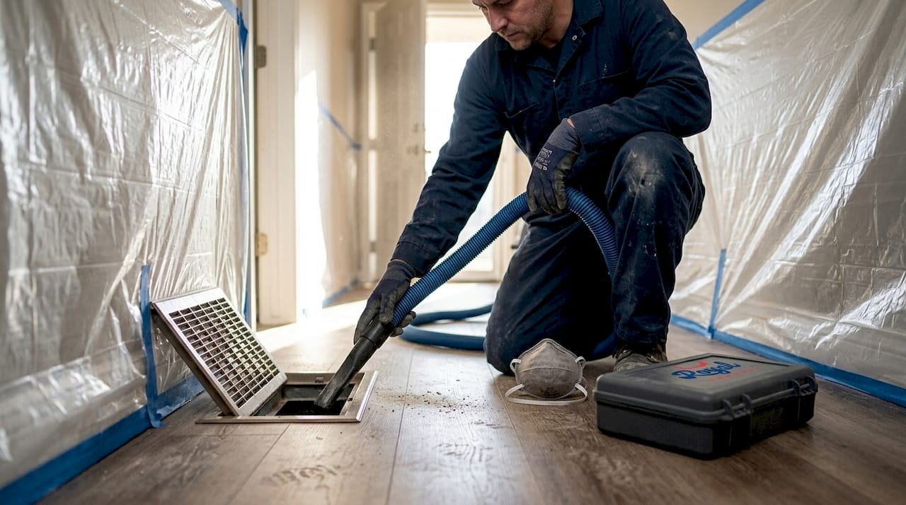Cleaner vacuuming air duct after renovation