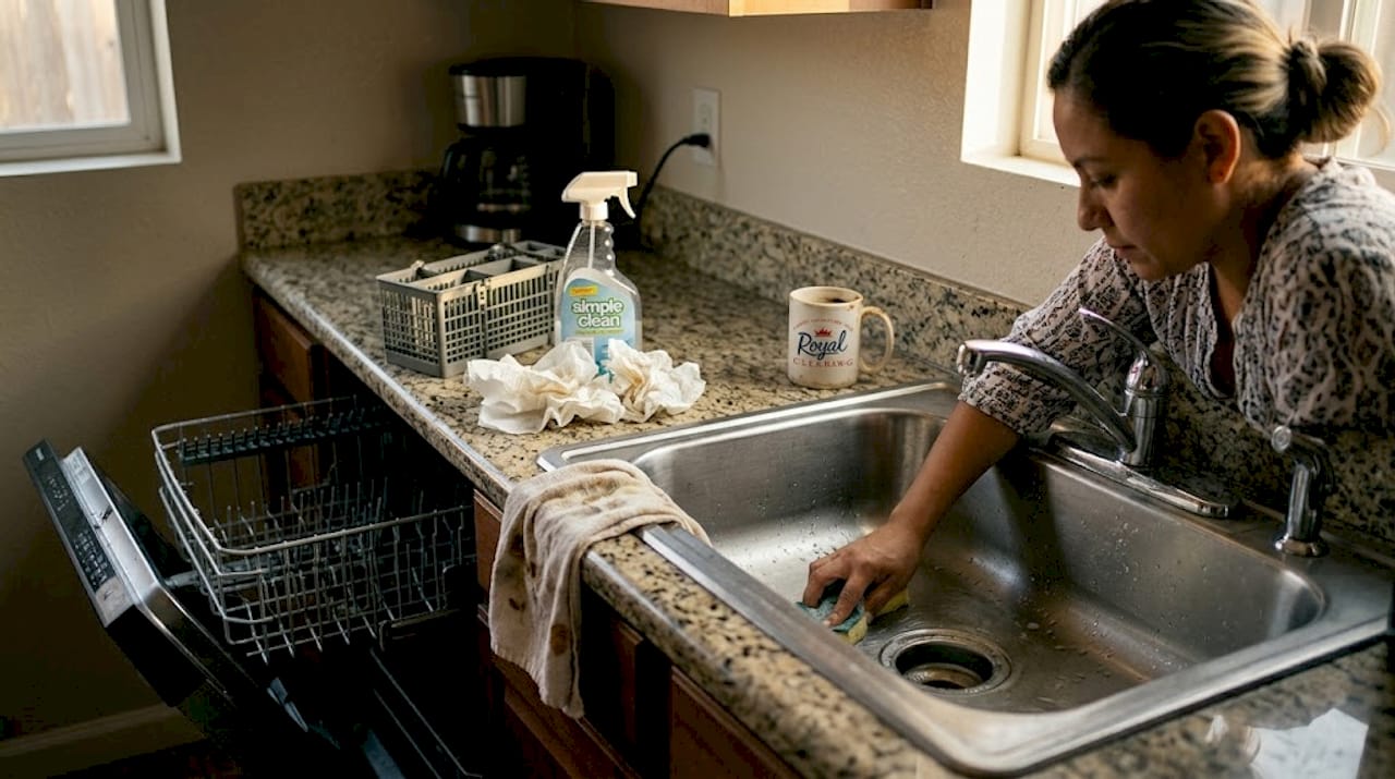 Woman scrubbing sink in sunlit rental kitchen