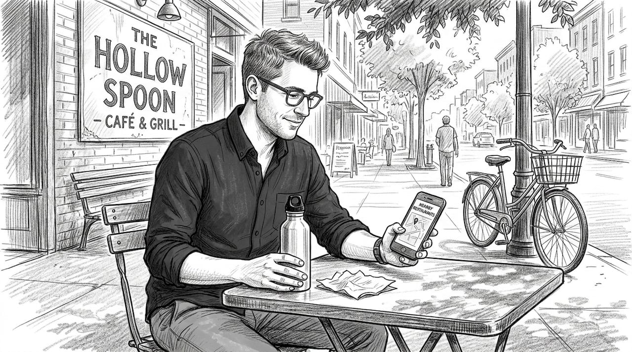 Man Asks Phone For Local Restaurants Outdoors