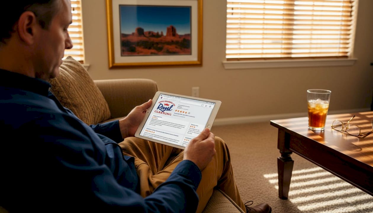 Man evaluating reviews on a tablet