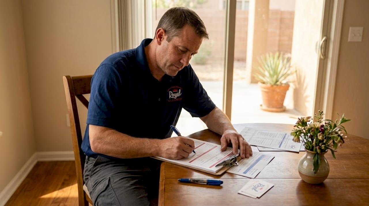 Certified cleaner completing insurance documents