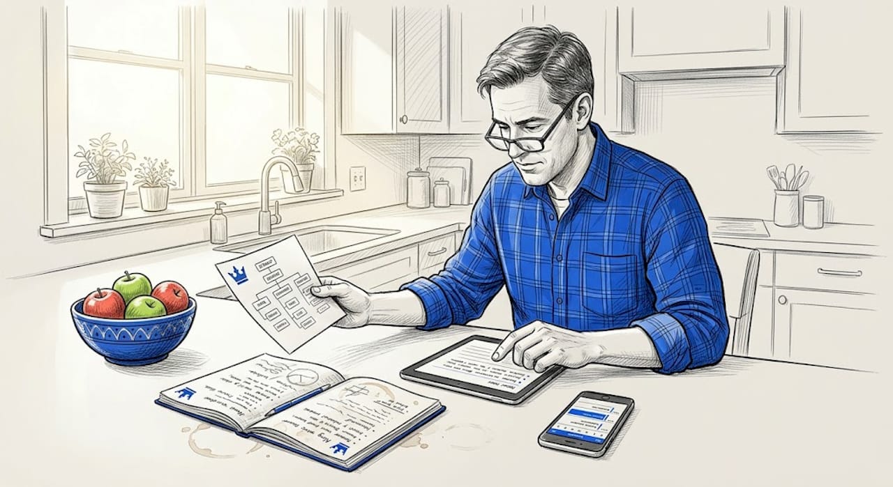 Business Owner Reviewing Sitemap Diagram At Kitchen