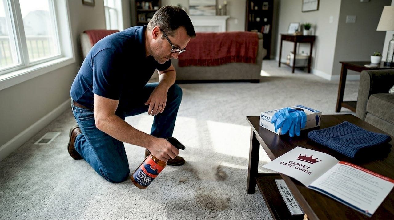 Spraying enzyme cleaner on carpet pet stain