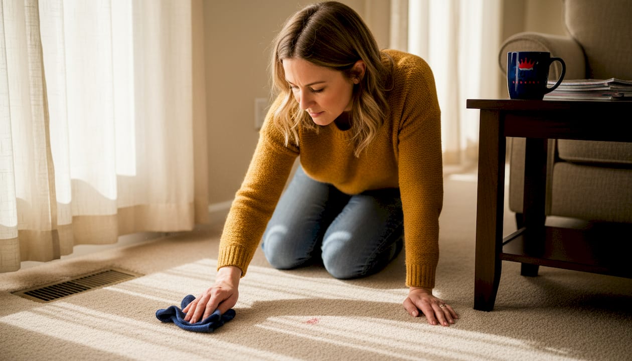 Homeowner dusts air vent in family room