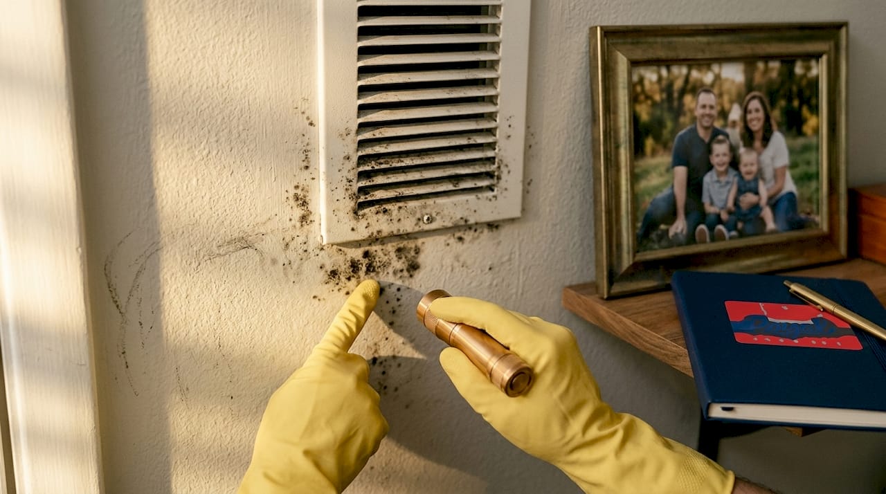 Hand pointing at mold spots on home vent