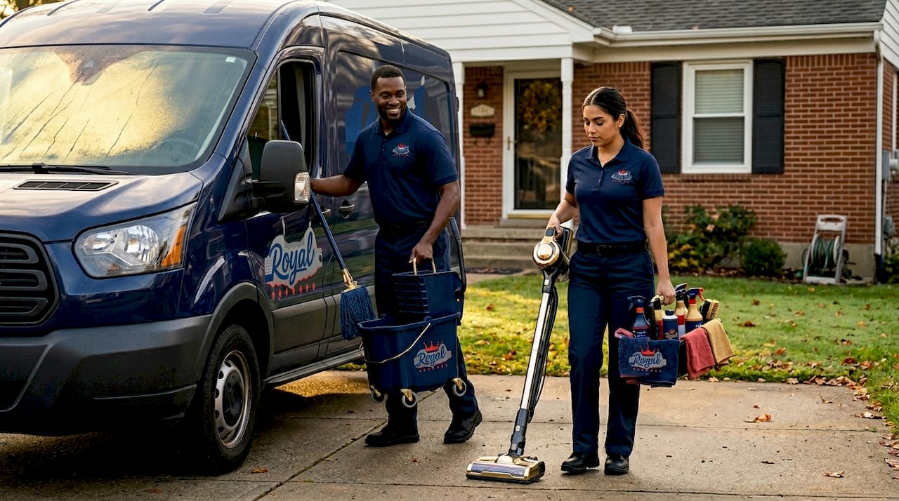 Cleaning team prepares outside home