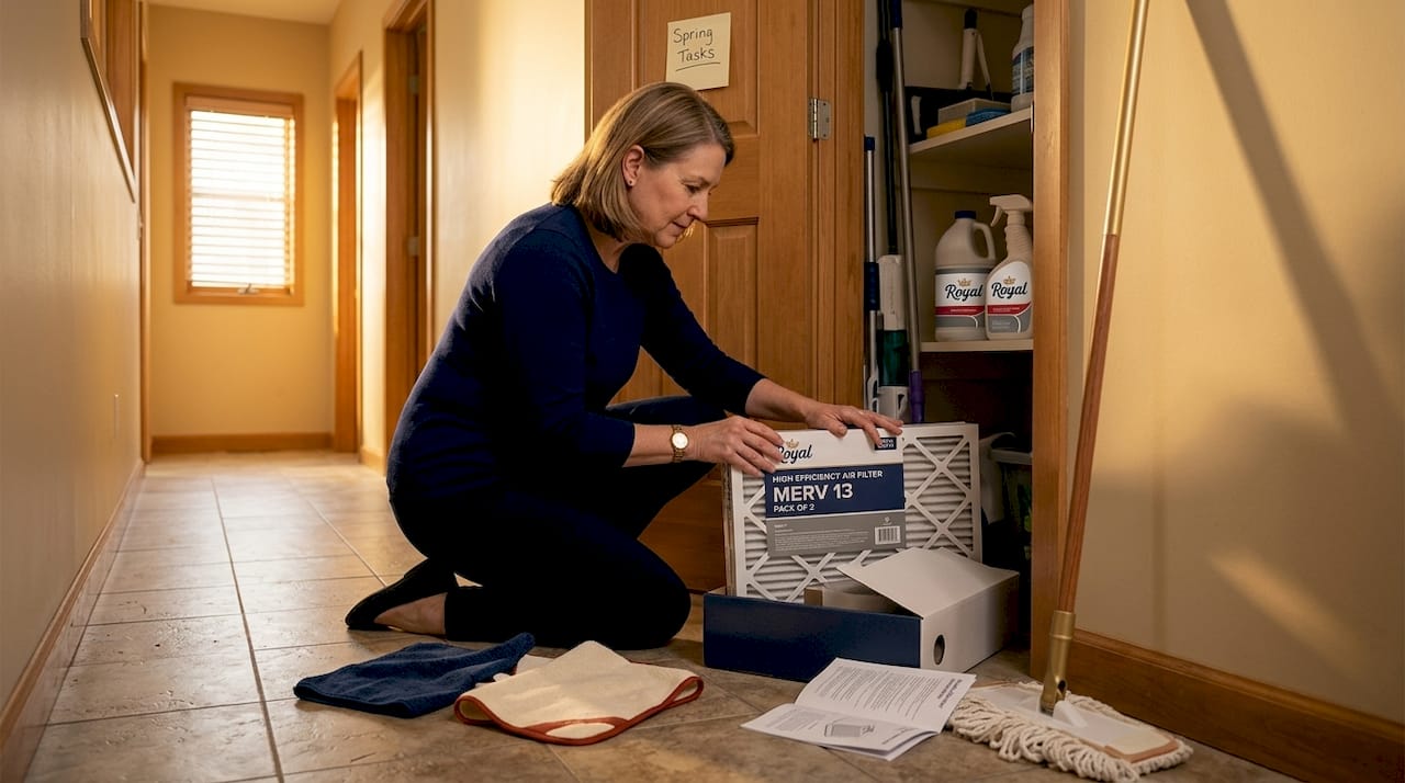 Sorting cleaning supplies in hallway closet
