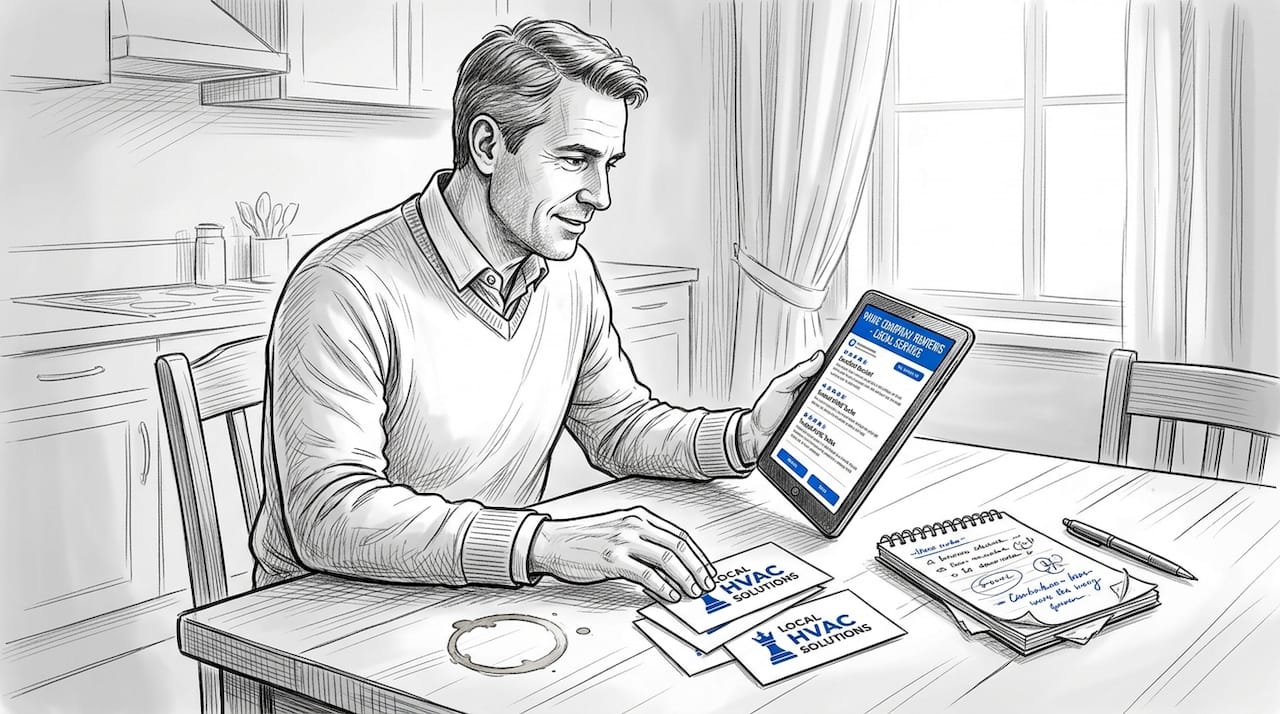 Man Validating Business Online At Kitchen Table