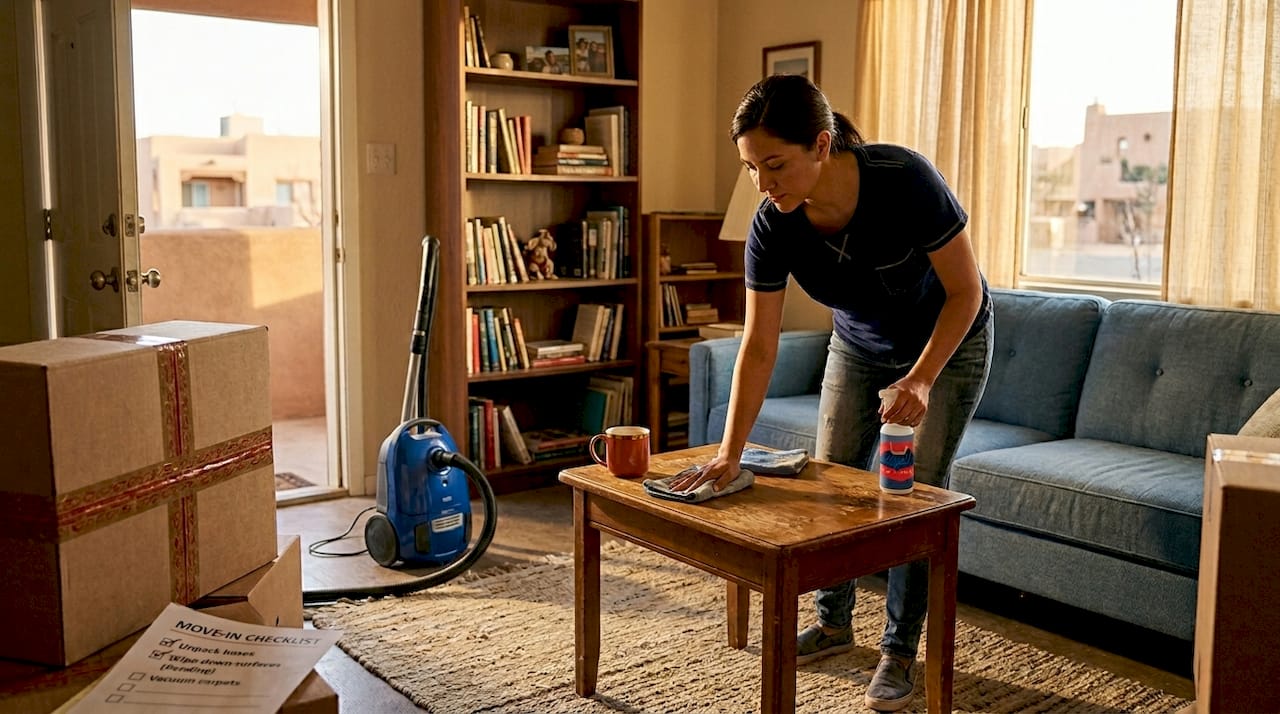 Tenant cleaning living room during move-in