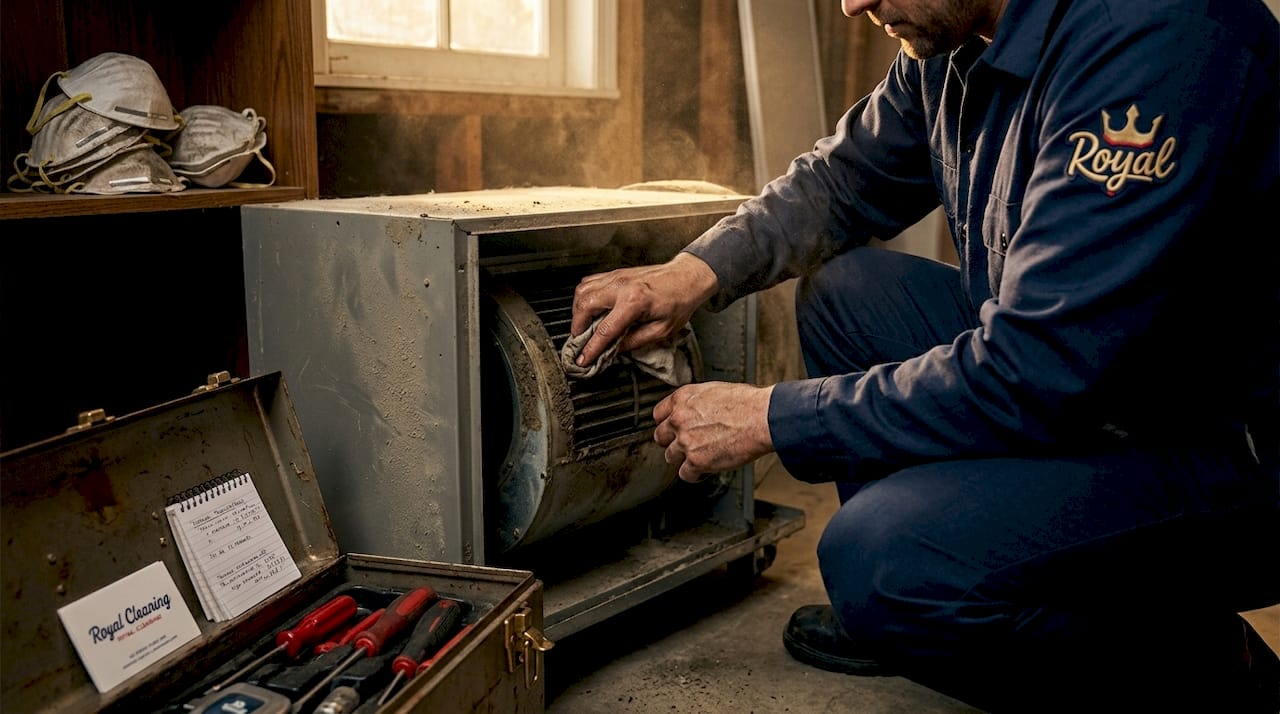 Technician cleaning a dusty HVAC unit in garage