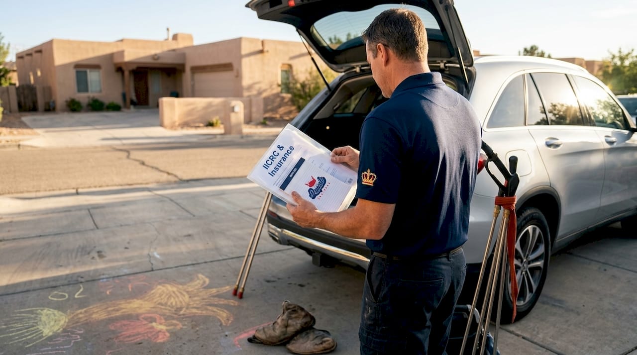 Cleaner handling certification documents in driveway