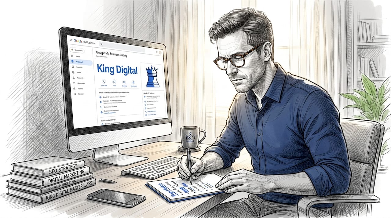 Man Reviews Local Seo Tasks In Home Office