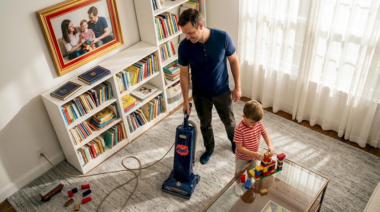 Father vacuuming while son plays nearby