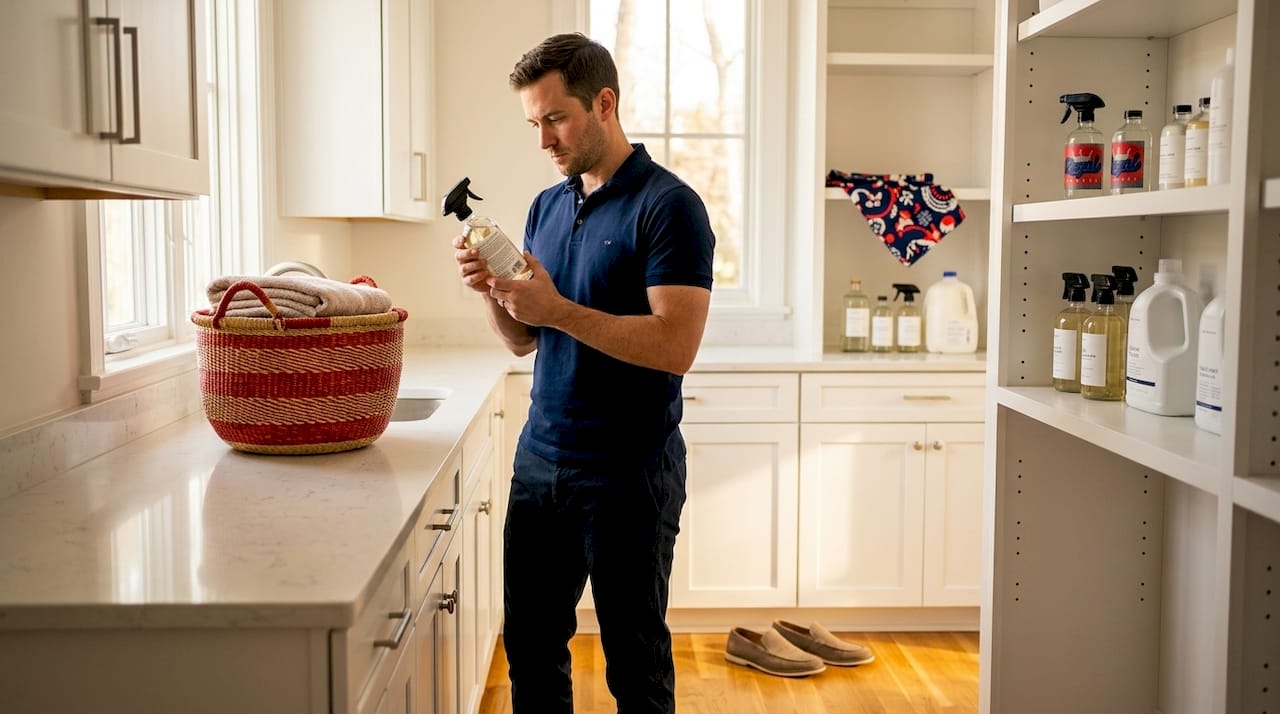 Man reading cleaning product label